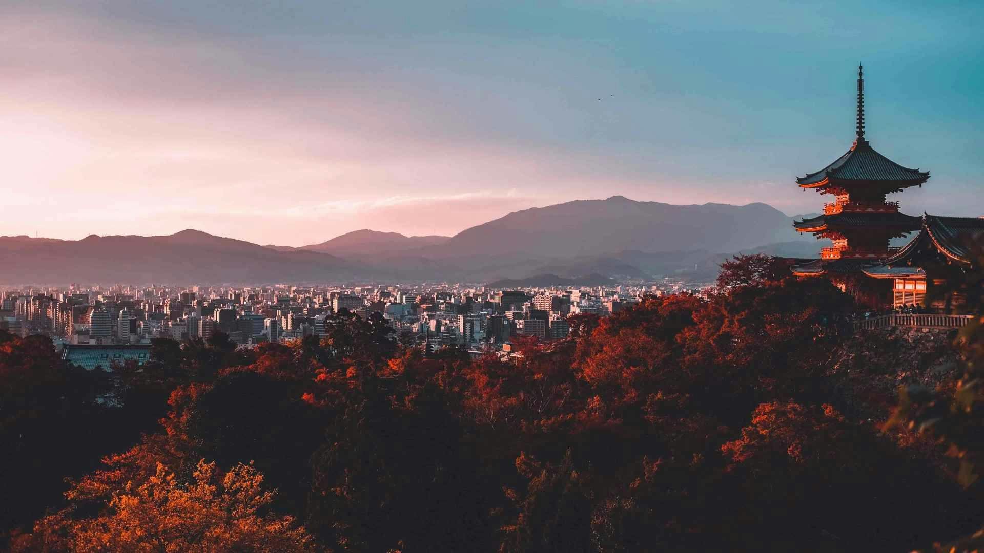 Image of Japanese Landscape, mountains, buildings