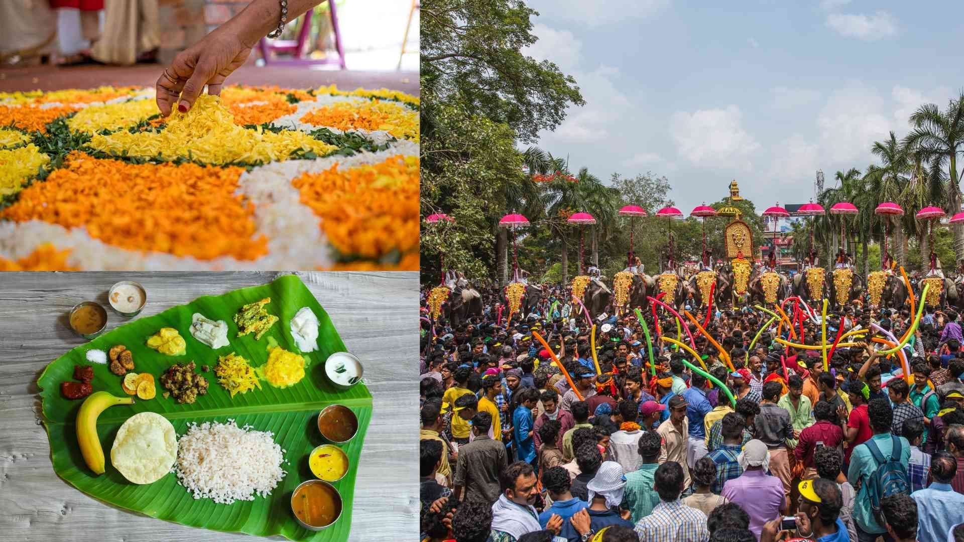 Collage of Onam pookalam, ona sadhya, and thrissur pooram