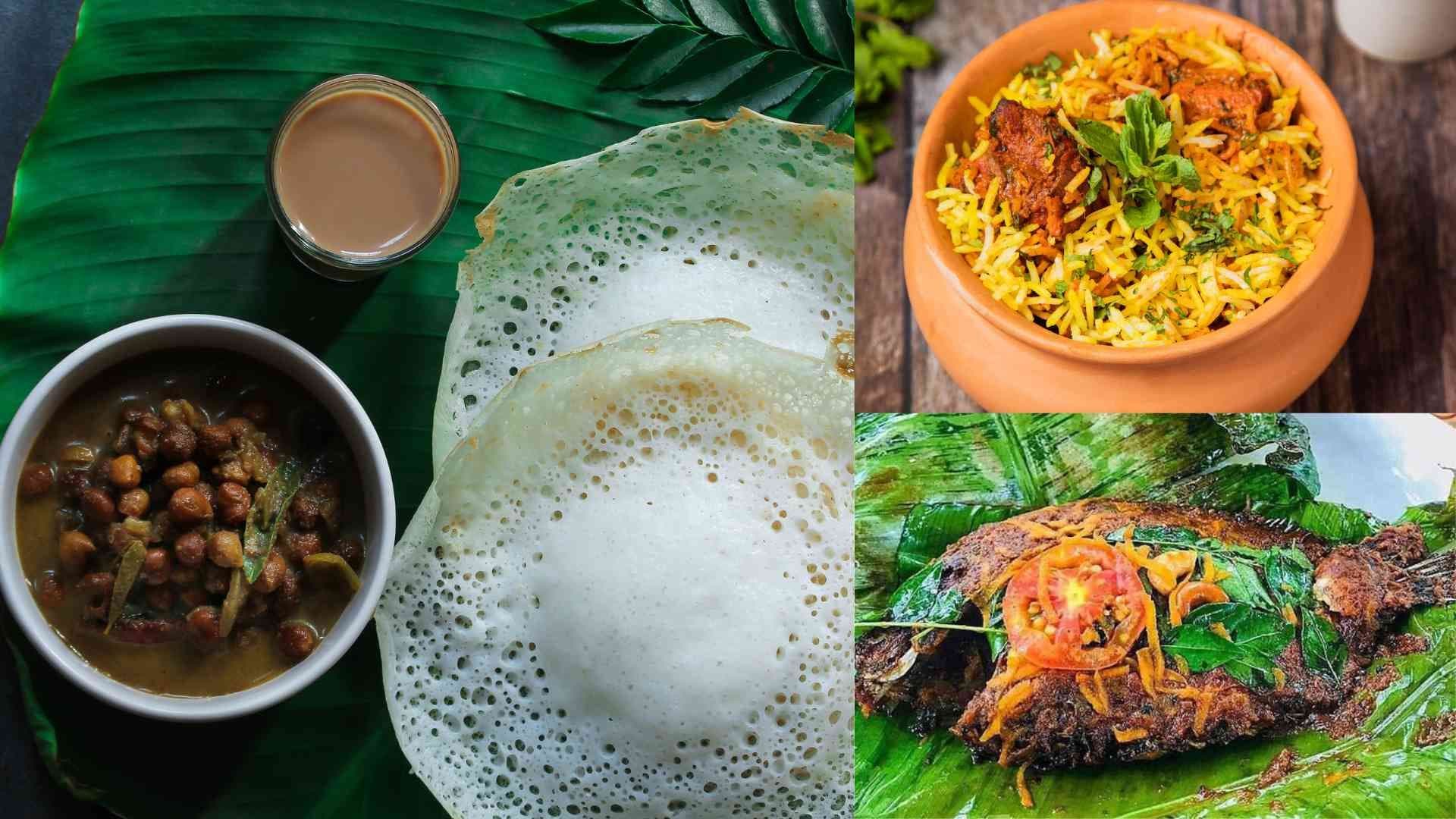 Collage of Appam, Biriyani and Karimeen pollichath